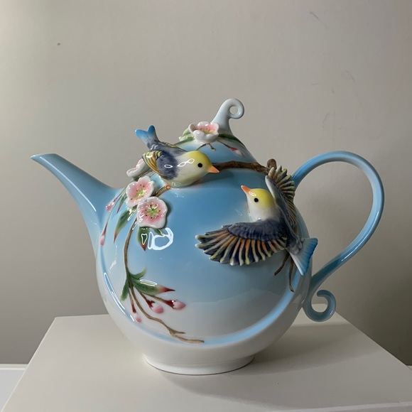 Pier 1 Other - Pier 1 Imports Art Deco Birds & Flowers Blue Tea Pot Pink Cherry Blossoms Spring